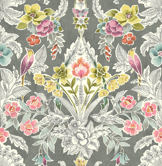 Summer Love Grey Peel & Stick Wallpaper with Botanical Damask and Birds - NuWallpaper NUS4050