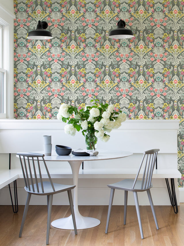 Summer Love Grey Peel & Stick Wallpaper with Botanical Damask and Birds - NuWallpaper NUS4050