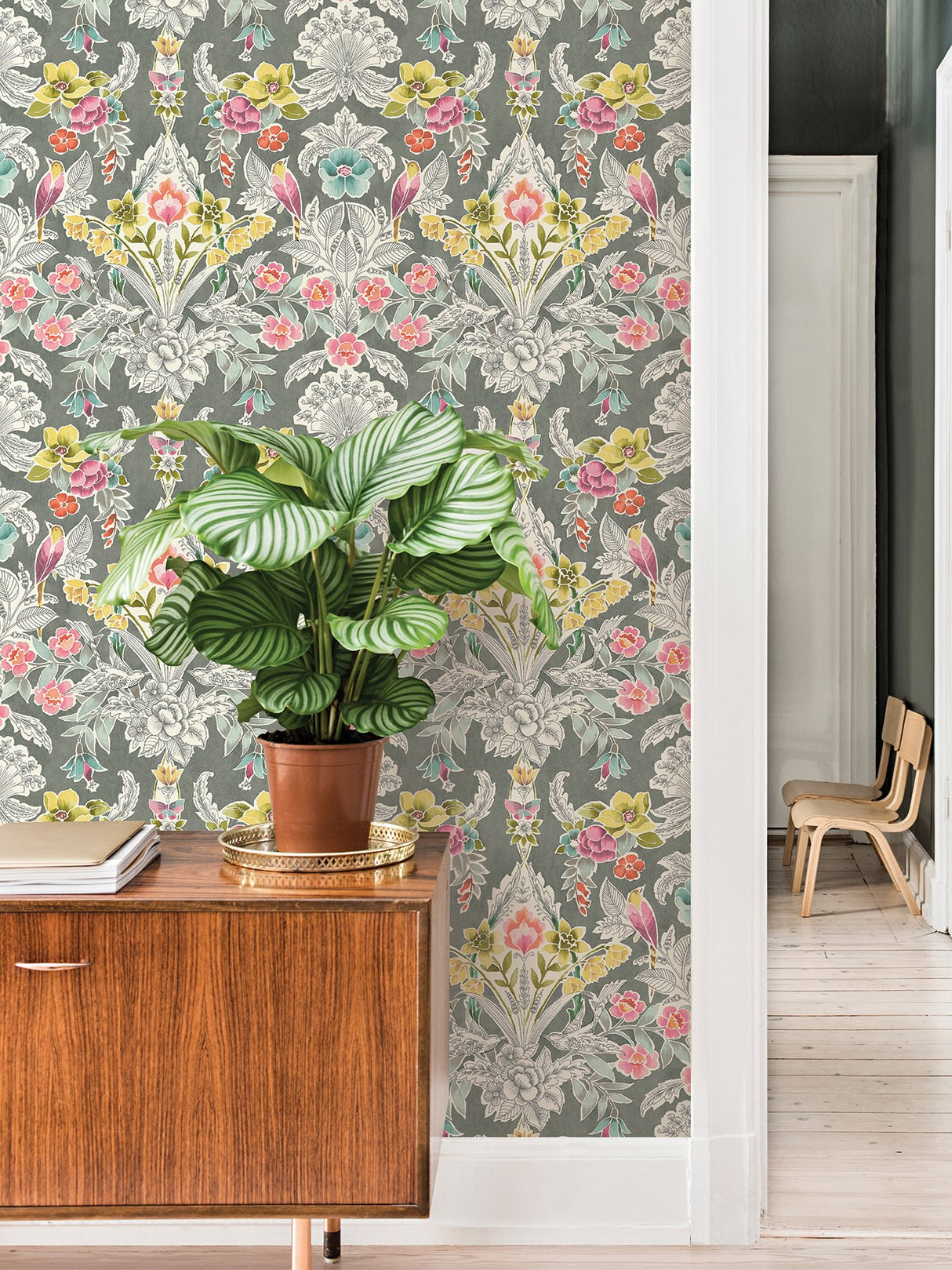 Summer Love Grey Peel & Stick Wallpaper with Botanical Damask and Birds - NuWallpaper NUS4050