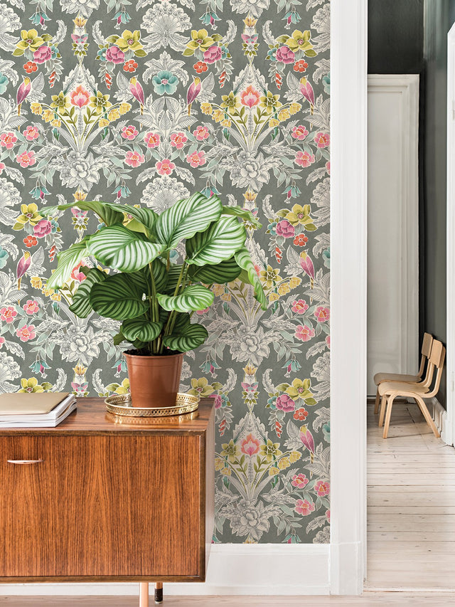 Summer Love Grey Peel & Stick Wallpaper with Botanical Damask and Birds - NuWallpaper NUS4050