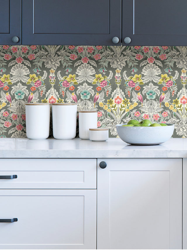 Summer Love Grey Peel & Stick Wallpaper with Botanical Damask and Birds - NuWallpaper NUS4050