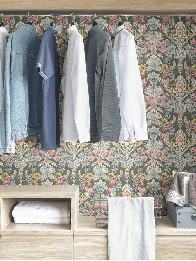 Summer Love Grey Peel & Stick Wallpaper with Botanical Damask and Birds - NuWallpaper NUS4050