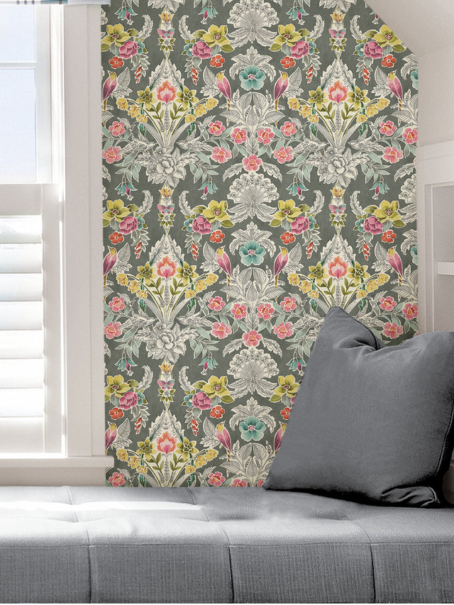 Summer Love Grey Peel & Stick Wallpaper with Botanical Damask and Birds - NuWallpaper NUS4050