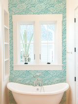 Saybrook Teal Peel & Stick Wallpaper with Coastal Ocean Wave Motif - NuWallpaper NUS4164