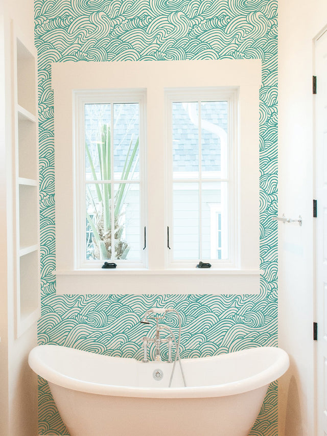 Saybrook Teal Peel & Stick Wallpaper with Coastal Ocean Wave Motif - NuWallpaper NUS4164