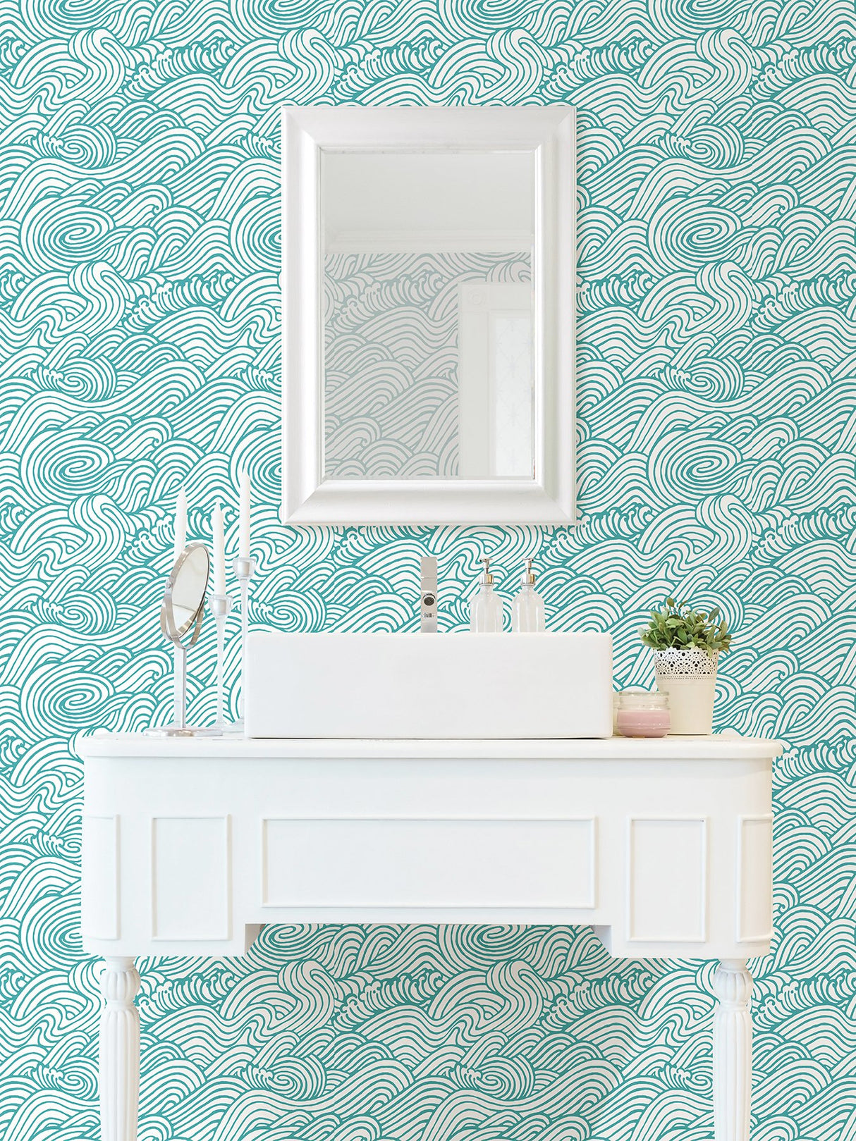 Saybrook Teal Peel & Stick Wallpaper with Coastal Ocean Wave Motif - NuWallpaper NUS4164