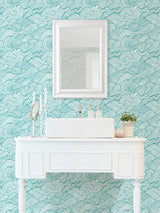 Saybrook Teal Peel & Stick Wallpaper with Coastal Ocean Wave Motif - NuWallpaper NUS4164