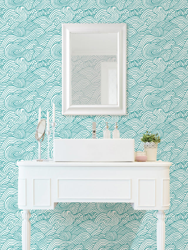 Saybrook Teal Peel & Stick Wallpaper with Coastal Ocean Wave Motif - NuWallpaper NUS4164