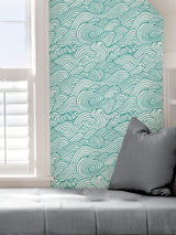 Saybrook Teal Peel & Stick Wallpaper with Coastal Ocean Wave Motif - NuWallpaper NUS4164