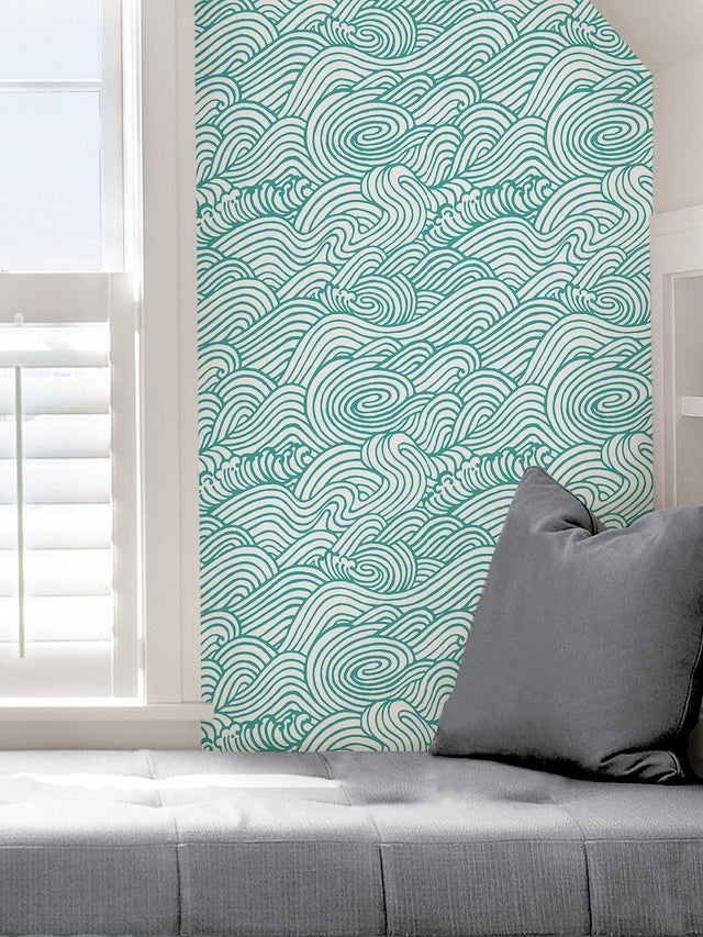 Saybrook Teal Peel & Stick Wallpaper with Coastal Ocean Wave Motif - NuWallpaper NUS4164