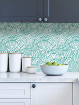 Saybrook Teal Peel & Stick Wallpaper with Coastal Ocean Wave Motif - NuWallpaper NUS4164