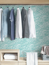 Saybrook Teal Peel & Stick Wallpaper with Coastal Ocean Wave Motif - NuWallpaper NUS4164