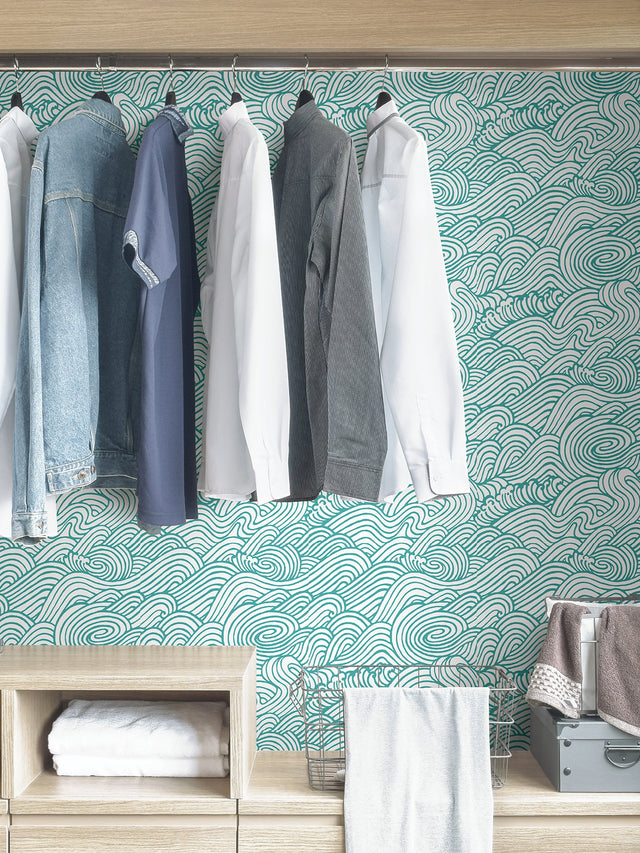 Saybrook Teal Peel & Stick Wallpaper with Coastal Ocean Wave Motif - NuWallpaper NUS4164