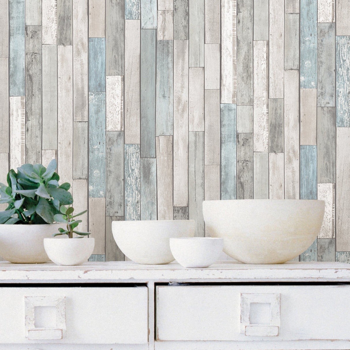 Weathered Plank Caspian Multicolor Peel & Stick Wallpaper with Coastal Wood Plank Pattern - NuWallpaper NUS4224