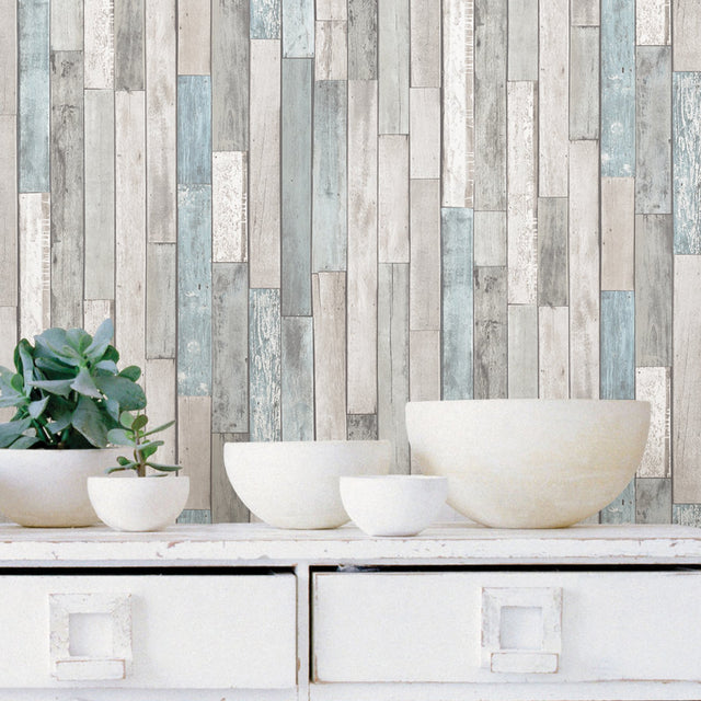 Weathered Plank Caspian Multicolor Peel & Stick Wallpaper with Coastal Wood Plank Pattern - NuWallpaper NUS4224