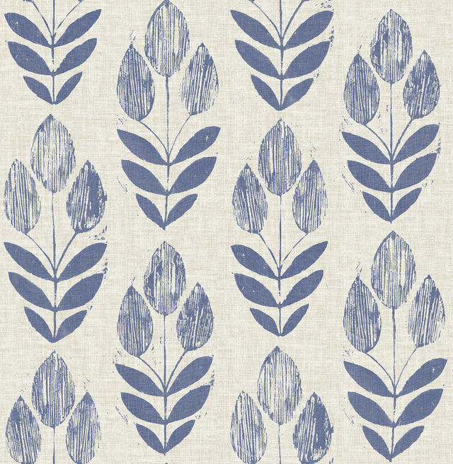 Folk Tulip Blue Peel & Stick Wallpaper with Scandinavian Floral Motif - NuWallpaper NUS4288
