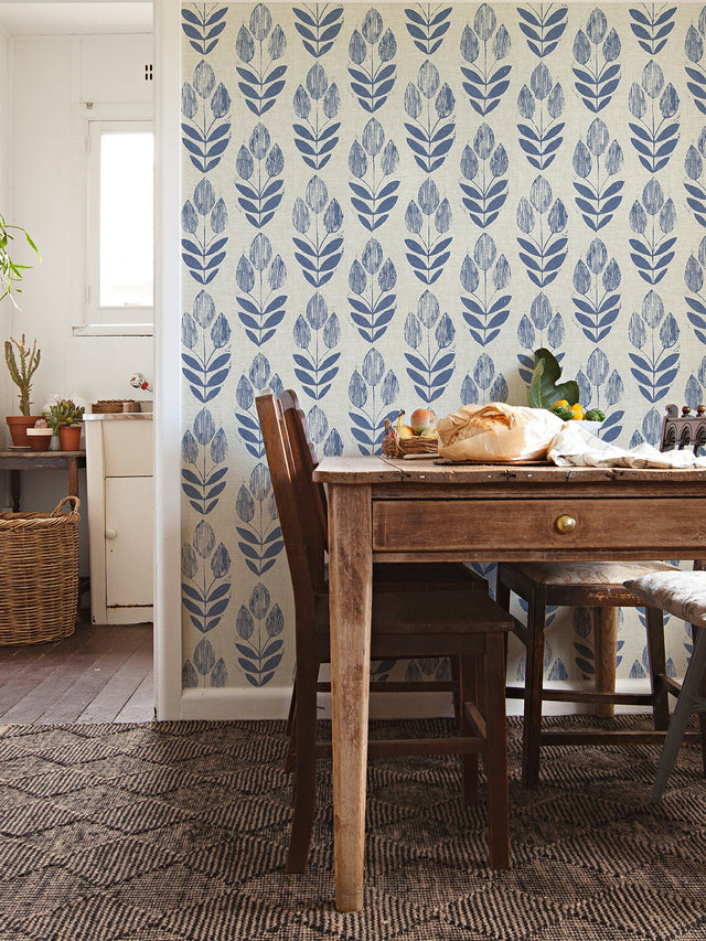 Folk Tulip Blue Peel & Stick Wallpaper with Scandinavian Floral Motif - NuWallpaper NUS4288