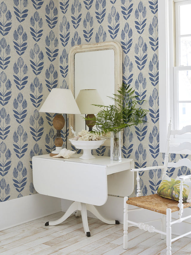 Folk Tulip Blue Peel & Stick Wallpaper with Scandinavian Floral Motif - NuWallpaper NUS4288