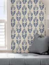 Folk Tulip Blue Peel & Stick Wallpaper with Scandinavian Floral Motif - NuWallpaper NUS4288