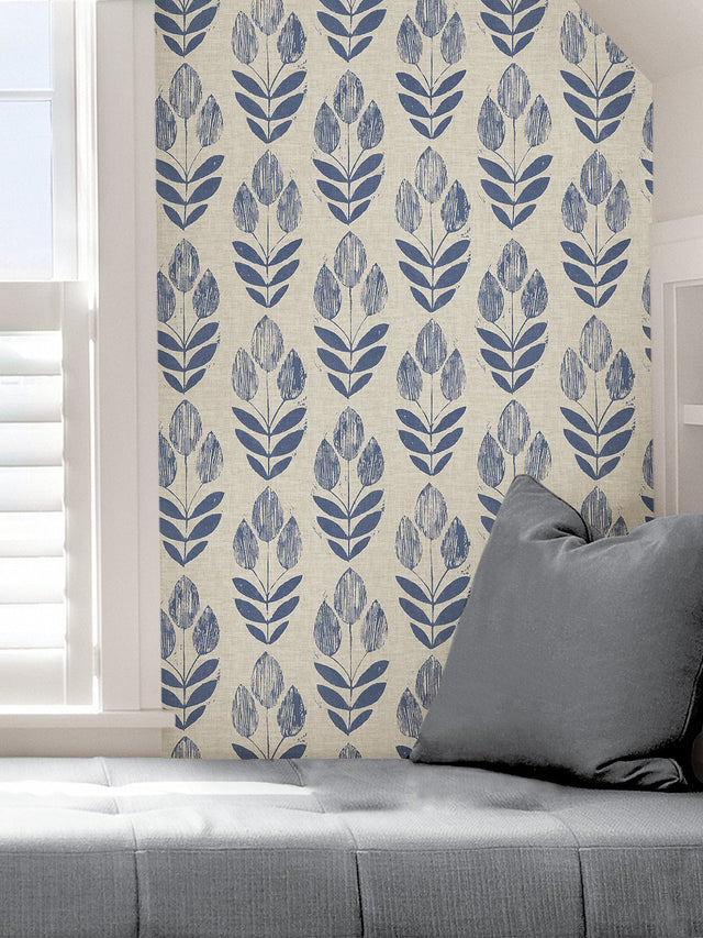 Folk Tulip Blue Peel & Stick Wallpaper with Scandinavian Floral Motif - NuWallpaper NUS4288