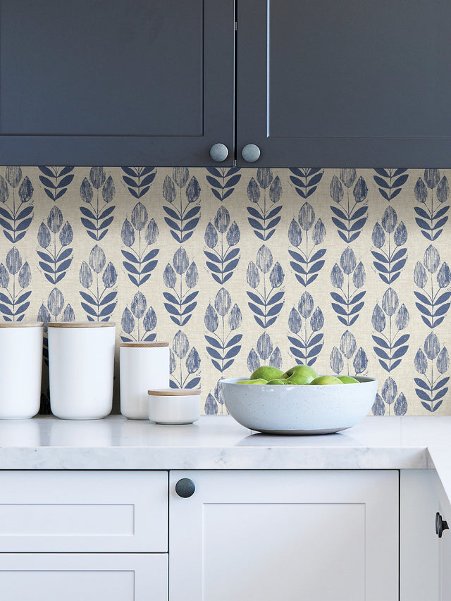 Folk Tulip Blue Peel & Stick Wallpaper with Scandinavian Floral Motif - NuWallpaper NUS4288