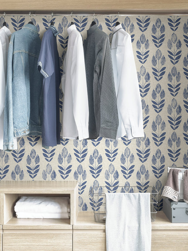 Folk Tulip Blue Peel & Stick Wallpaper with Scandinavian Floral Motif - NuWallpaper NUS4288