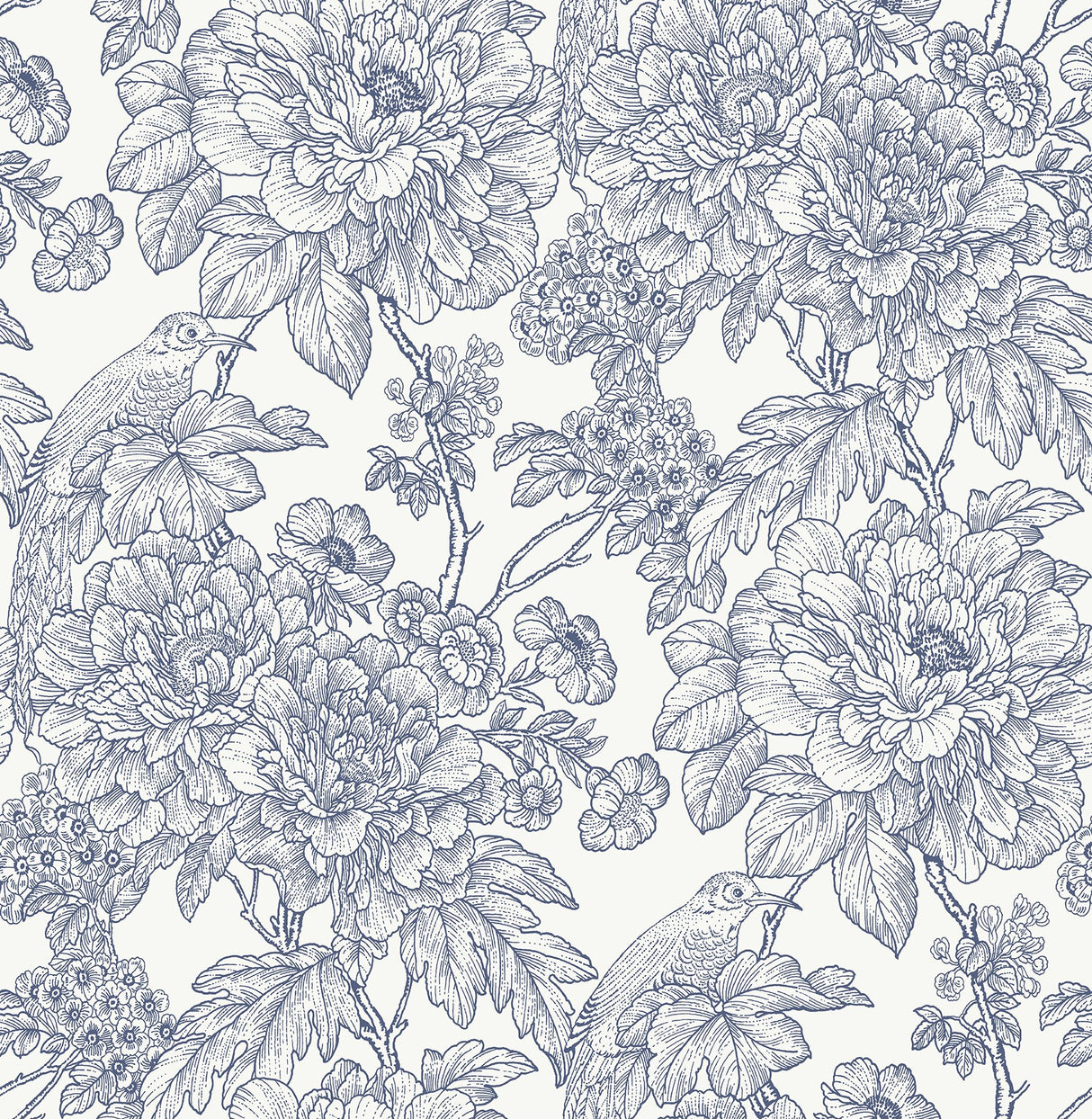 Sudbury Blue Peel & Stick Wallpaper with Vintage Floral and Birds - NuWallpaper NUS4289