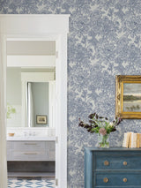 Sudbury Blue Peel & Stick Wallpaper with Vintage Floral and Birds - NuWallpaper NUS4289