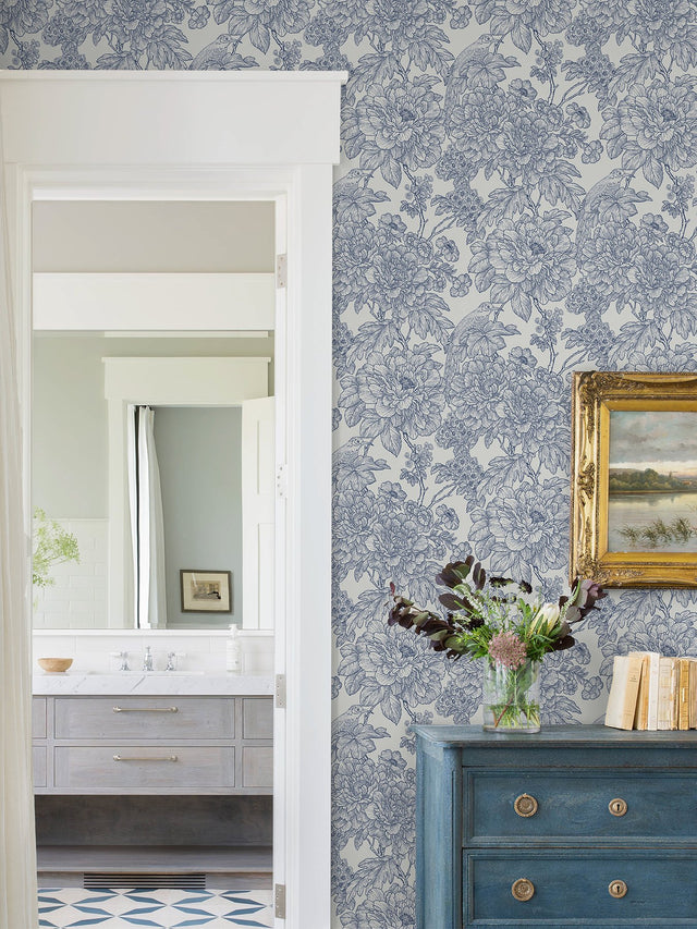 Sudbury Blue Peel & Stick Wallpaper with Vintage Floral and Birds - NuWallpaper NUS4289