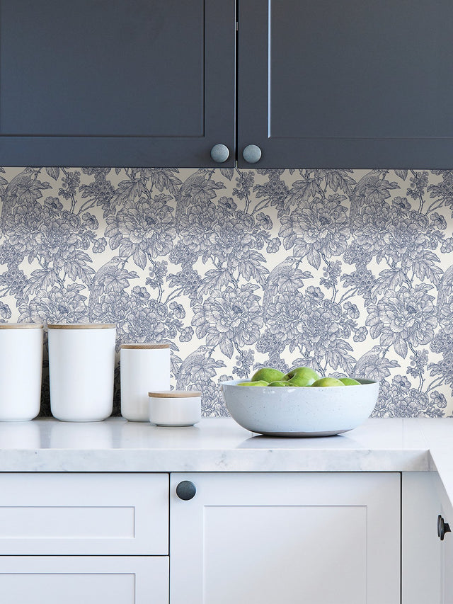 Sudbury Blue Peel & Stick Wallpaper with Vintage Floral and Birds - NuWallpaper NUS4289