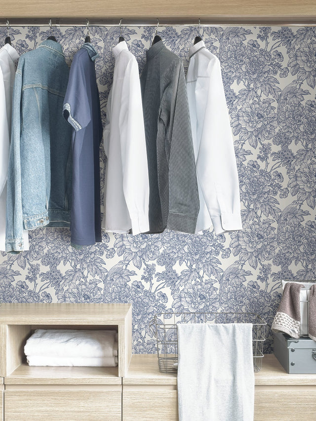 Sudbury Blue Peel & Stick Wallpaper with Vintage Floral and Birds - NuWallpaper NUS4289