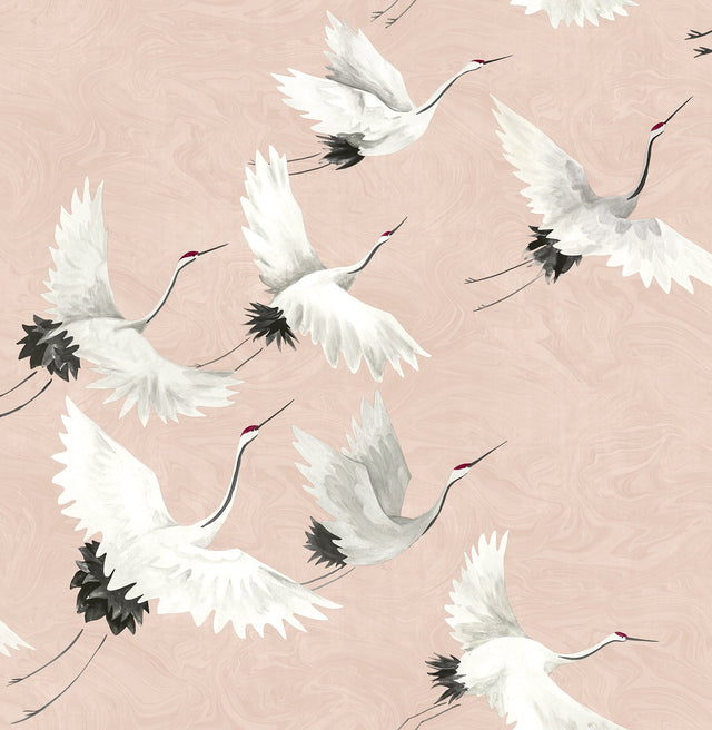 Halcyon Pink Peel & Stick Wallpaper with Whimsical Crane Motif - NuWallpaper NUS4299