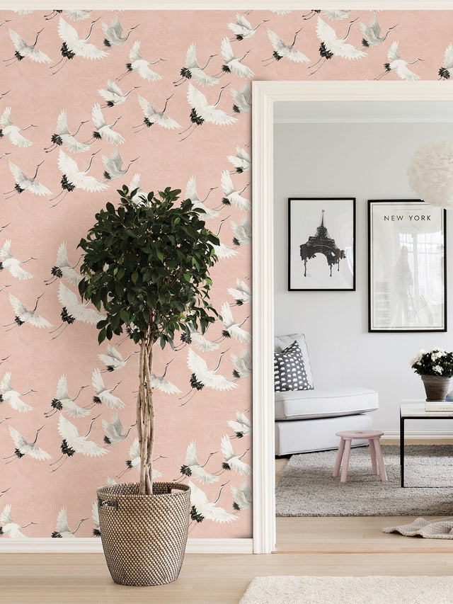 Halcyon Pink Peel & Stick Wallpaper with Whimsical Crane Motif - NuWallpaper NUS4299