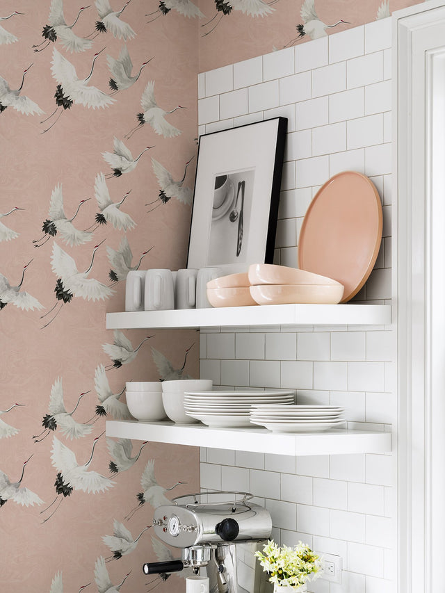 Halcyon Pink Peel & Stick Wallpaper with Whimsical Crane Motif - NuWallpaper NUS4299