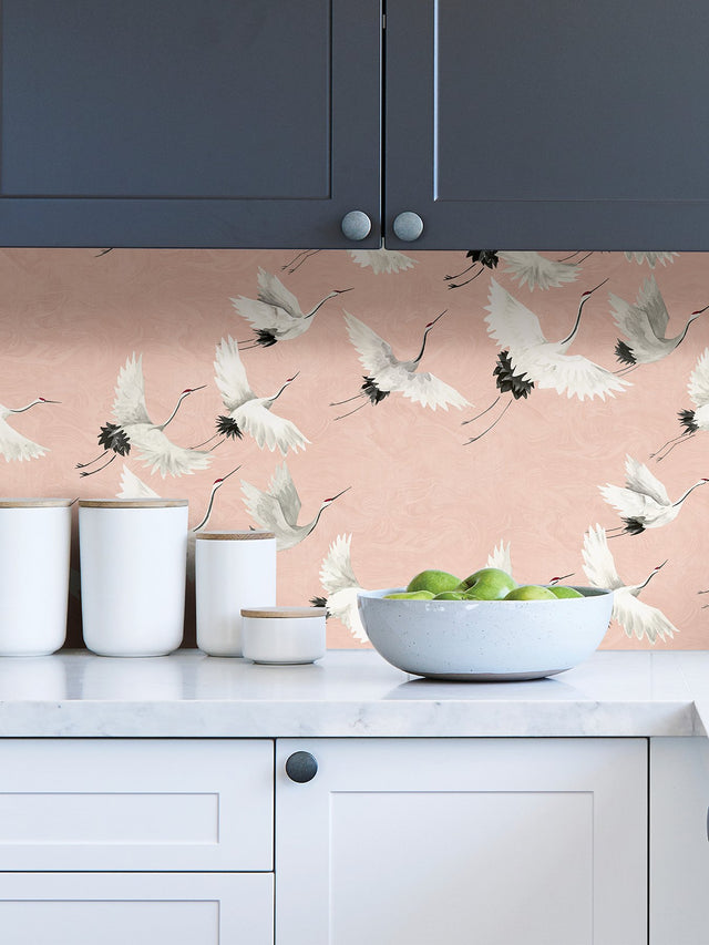 Halcyon Pink Peel & Stick Wallpaper with Whimsical Crane Motif - NuWallpaper NUS4299