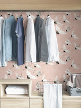 Halcyon Pink Peel & Stick Wallpaper with Whimsical Crane Motif - NuWallpaper NUS4299