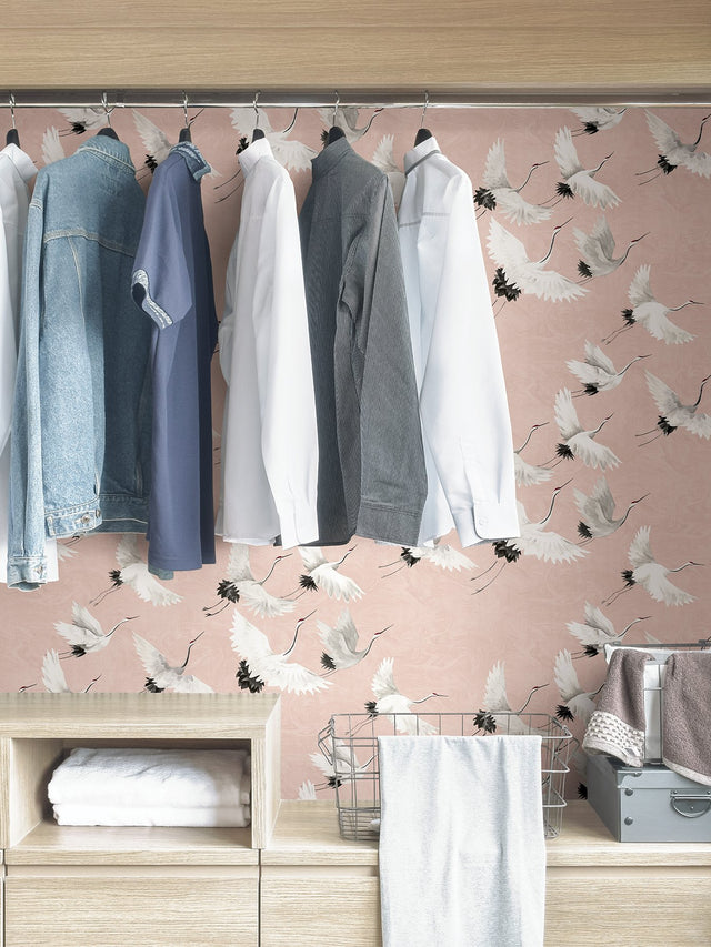 Halcyon Pink Peel & Stick Wallpaper with Whimsical Crane Motif - NuWallpaper NUS4299
