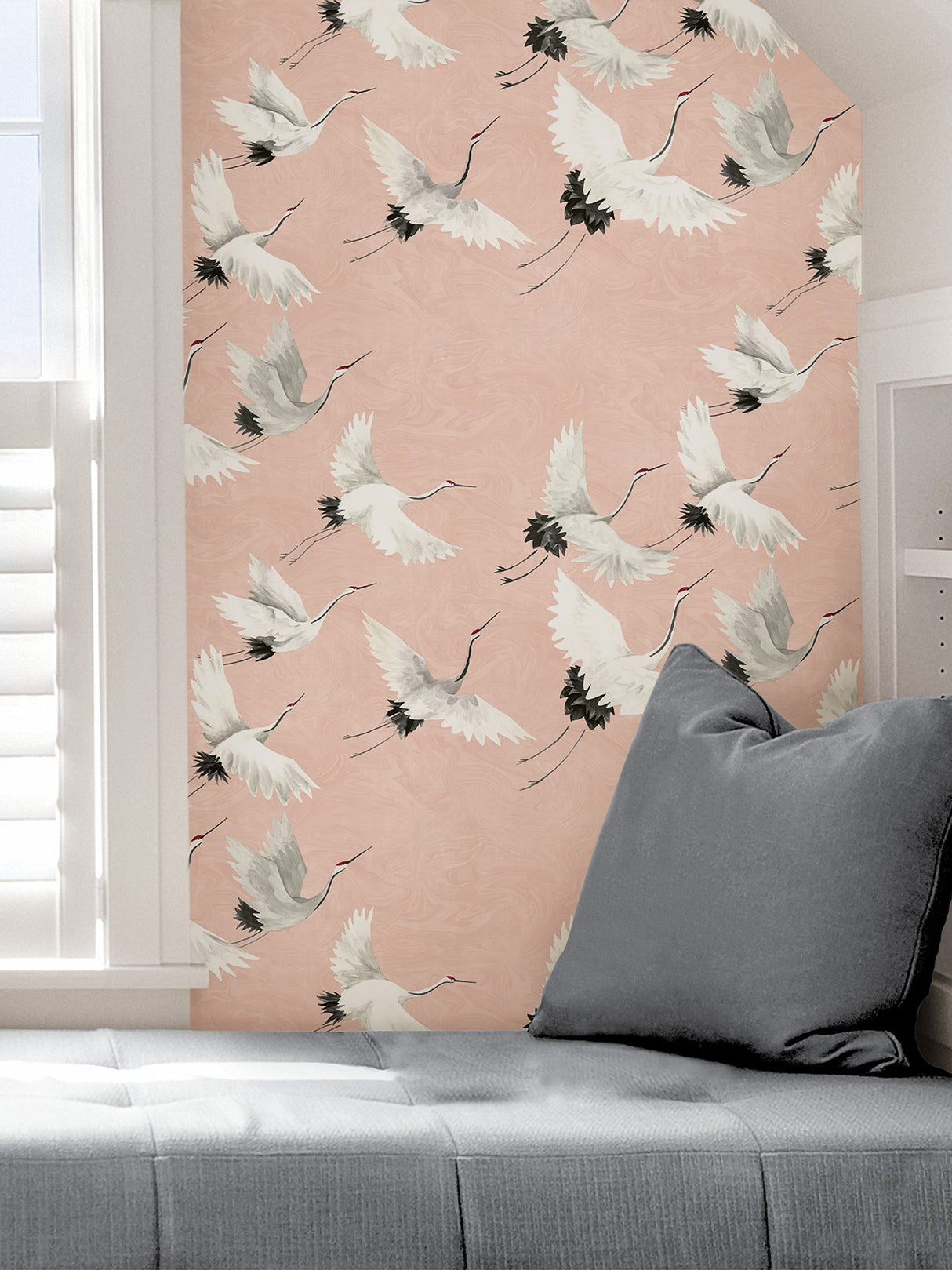 Halcyon Pink Peel & Stick Wallpaper with Whimsical Crane Motif - NuWallpaper NUS4299