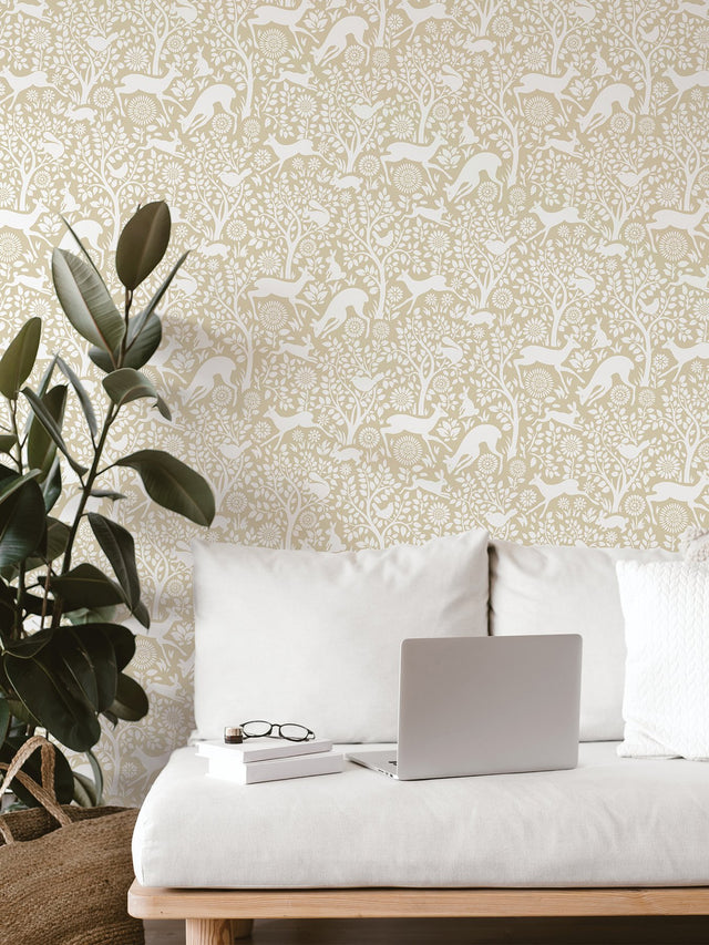 Merriment Cream Peel & Stick Wallpaper with Whimsical Woodland Animal Pattern - NuWallpaper NUS4300