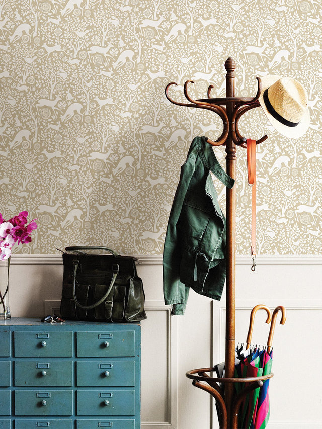 Merriment Cream Peel & Stick Wallpaper with Whimsical Woodland Animal Pattern - NuWallpaper NUS4300