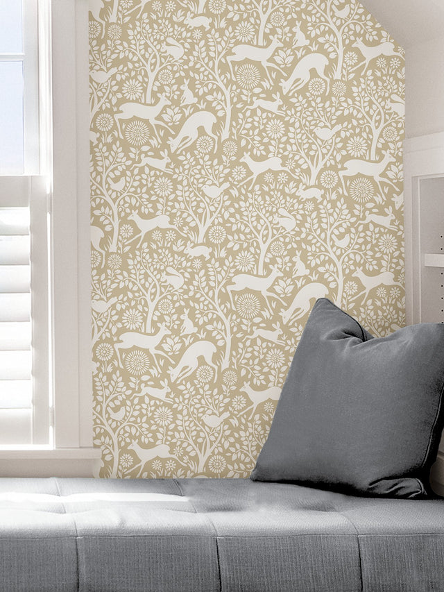 Merriment Cream Peel & Stick Wallpaper with Whimsical Woodland Animal Pattern - NuWallpaper NUS4300