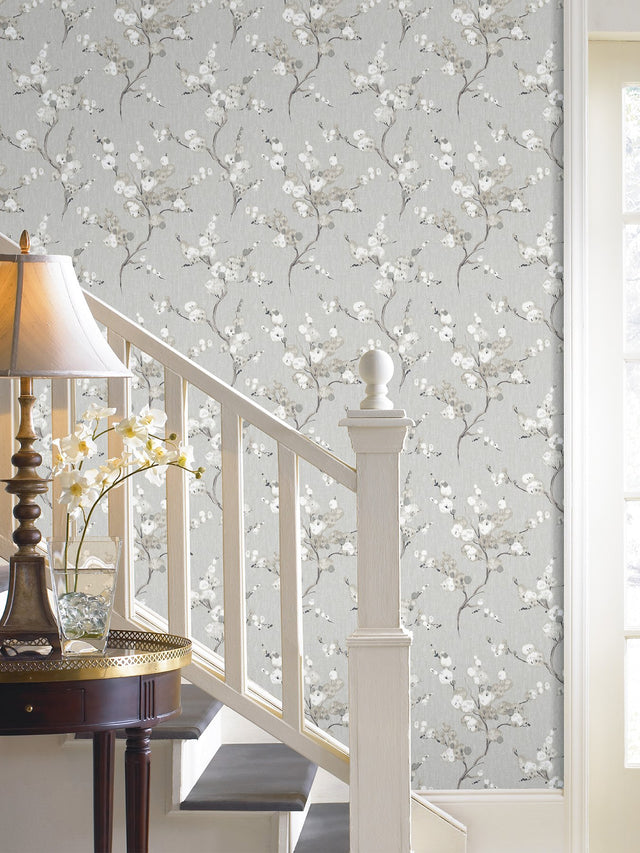 Mirei Grey Peel & Stick Wallpaper with Modern Botanical Floral Pattern - Brewster NUS4301