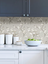 Mirei Grey Peel & Stick Wallpaper with Modern Botanical Floral Pattern - Brewster NUS4301