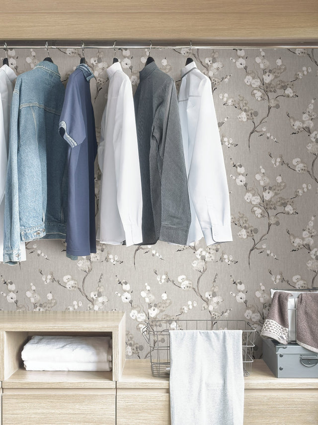 Mirei Grey Peel & Stick Wallpaper with Modern Botanical Floral Pattern - Brewster NUS4301