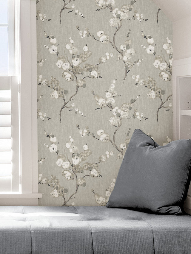 Mirei Grey Peel & Stick Wallpaper with Modern Botanical Floral Pattern - Brewster NUS4301