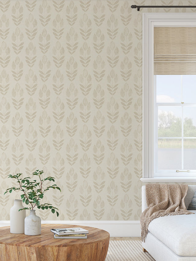 Folk Tulip Grey Peel & Stick Wallpaper with Scandinavian Floral Motif - NuWallpaper NUS4302