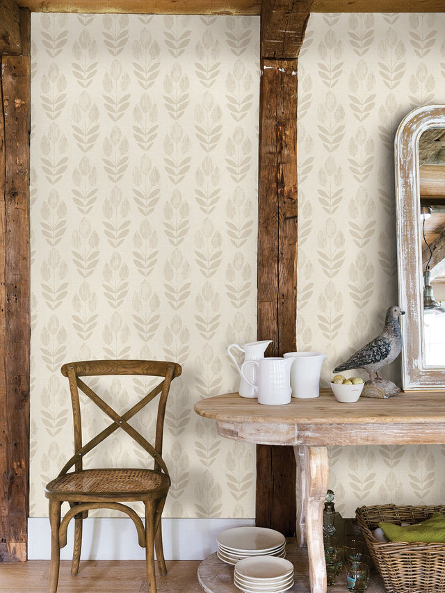 Folk Tulip Grey Peel & Stick Wallpaper with Scandinavian Floral Motif - NuWallpaper NUS4302