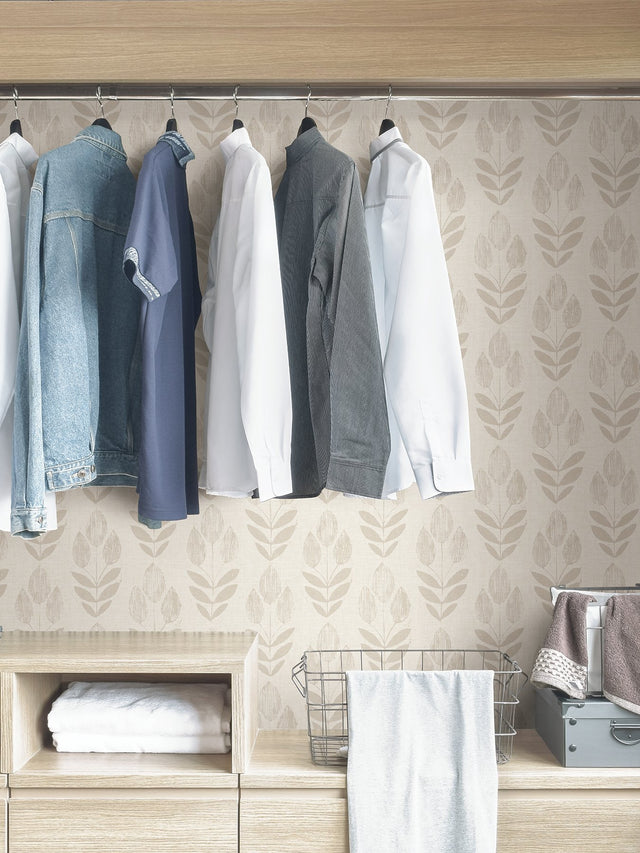 Folk Tulip Grey Peel & Stick Wallpaper with Scandinavian Floral Motif - NuWallpaper NUS4302