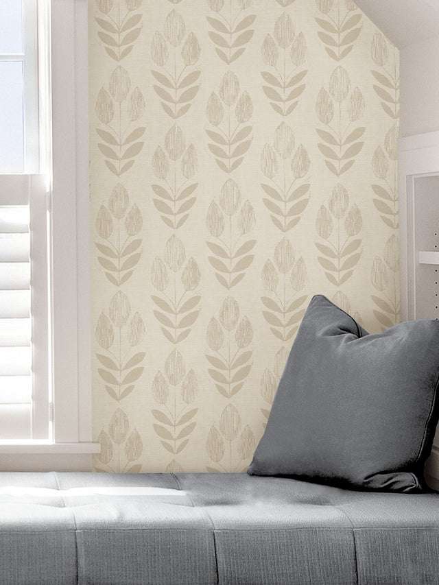 Folk Tulip Grey Peel & Stick Wallpaper with Scandinavian Floral Motif - NuWallpaper NUS4302