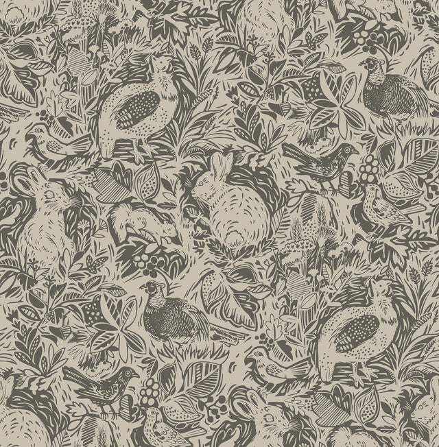Terrene Charcoal Peel & Stick Wallpaper with Whimsical Novelty Woodland Animals Pattern - NuWallpaper NUS4303
